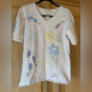 Vintage 90s Susan Bristol Ramie Linen Blend Hand Embroidered Floral Size Large